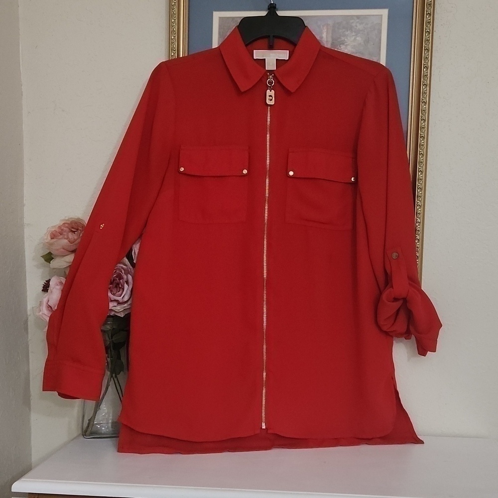 2for$10 Michael Kors Red Blouse Tunic Zipper Front Career Work Elegant Party - Picture 4 of 9